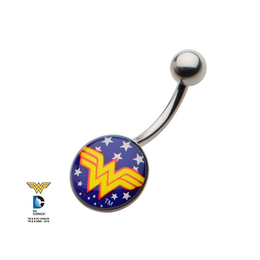 Wonder Woman Belly Ring 14G 1/2” CZ Dangle |Gold Plated Navel Jewelry| DC Comics - Picture 2 of 4